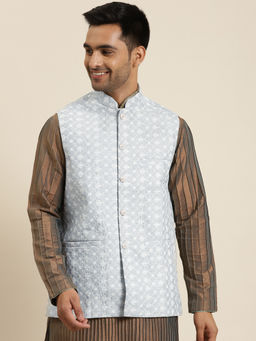 SOJANYA - Silk Blend Grey Embroidered Only Nehru Jacket