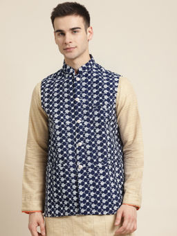 SOJANYA - Silk Blend Navy Blue Embroidered Only Nehru Jacket