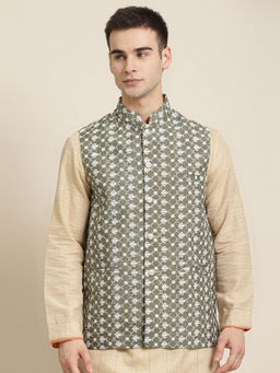 SOJANYA - Silk Blend Olive Embroidered Only Nehru Jacket