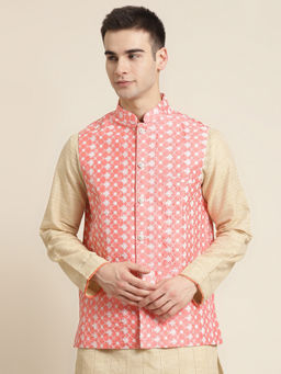 SOJANYA - Silk Blend Peach Embroidered Only Nehru Jacket