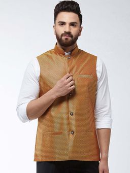 SOJANYA - Jacquard Silk Mustard Self Design Nehru Jacket