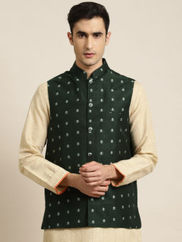 SOJANYA - Cotton Dark Green Self Design Only Nehru Jacket