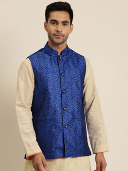 SOJANYA - Jacquard Silk Royal Blue Self Design Only Nehru Jacket