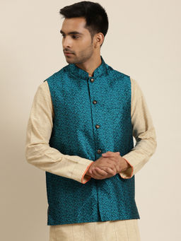 SOJANYA - Jacquard Silk Turquoise Blue Self Design Only Nehru Jacket