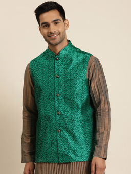 SOJANYA - Jacquard Silk Dark Green Self Design Only Nehru Jacket