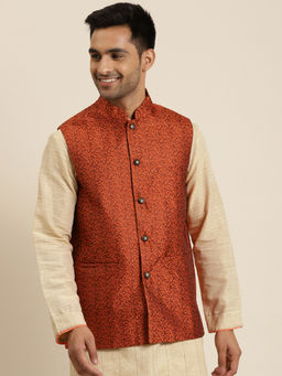 SOJANYA - Jacquard Silk Orange Self Design Only Nehru Jacket