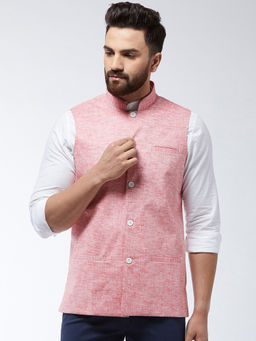 SOJANYA - Cotton Linen Blend Coral Nehru Jacket