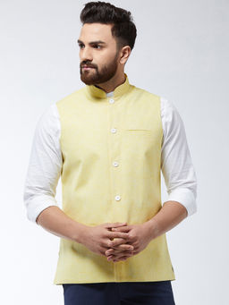 SOJANYA - Cotton Linen Blend Lemon Yellow Nehru Jacket