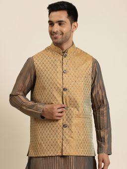 SOJANYA - Jacquard Silk Mustard Self Design Only Nehru Jacket