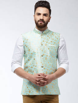 SOJANYA - Jacquard Silk Sea Green Designer Nehru Jacket