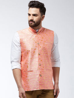 SOJANYA - Jacquard Silk Peach Designer Nehru Jacket