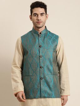 SOJANYA - Jacquard Silk Teal Blue & Gold Nehru Jacket