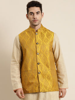 SOJANYA - Jacquard Silk Mustard & Gold Nehru Jacket
