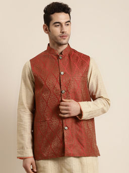 SOJANYA - Jacquard Silk Red & Gold Nehru Jacket