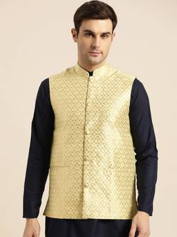SOJANYA - Mens Silk Blend Lime Green & Gold Self Design Nehru Jacket