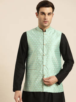 SOJANYA - Mens Silk Blend Sea Green & Gold Self Design Nehru Jacket
