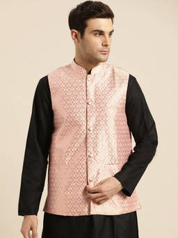 SOJANYA - Mens Silk Blend Light Pink & Gold Self Design Nehru Jacket