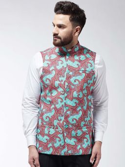 SOJANYA - Cotton Blend Sea Green & Multi Printed Nehru Jacket