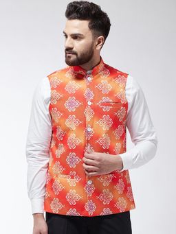 SOJANYA - Cotton Blend Orange & Off White Printed Nehru Jacket