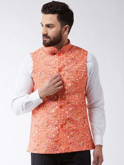 SOJANYA - Cotton Blend Dark Orange & Yellow Printed Nehru Jacket