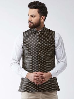 SOJANYA - Silk Blend Black & Gold Self Design Nehru Jacket
