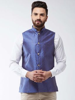 SOJANYA - Silk Blend Royal Blue & Gold Self Design Nehru Jacket