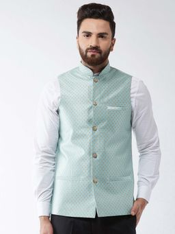 SOJANYA - Silk Blend Sea Green & Gold Self Design Nehru Jacket