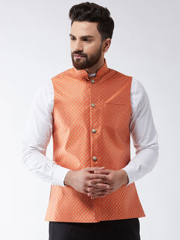 SOJANYA - Silk Blend Orange & Gold Self Design Nehru Jacket