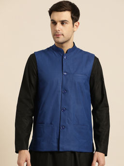 SOJANYA - Mens Cotton Blend Royal Blue Solid Nehru Jacket