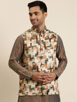 SOJANYA - Silk Blend Beige Printed Only Nehru Jacket