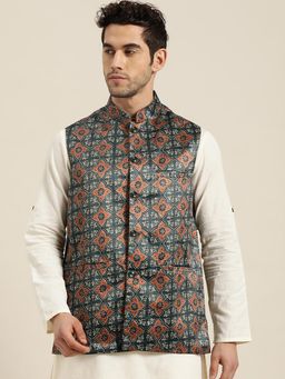 SOJANYA - Silk Blend Botell Green Printed Only Nehru Jacket