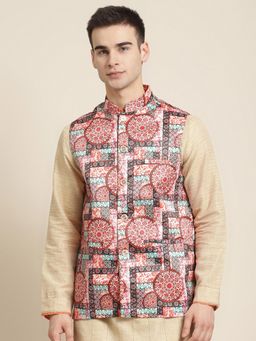 SOJANYA - Silk Blend Peach Printed Only Nehru Jacket