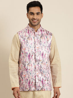 SOJANYA - Silk Blend Pink Printed Only Nehru Jacket
