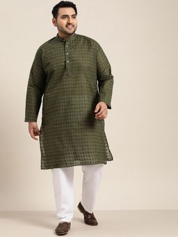 SOJANYA - Men Cotton Olive Green Chikankari Kurta And White Churidar Pyjama (Set of 2)
