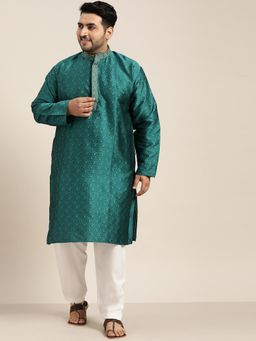 SOJANYA - Men Silk Blend Teal Green Kurta And Off White Churidar Pyjama (Set of 2)