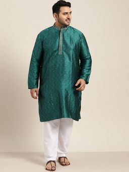 SOJANYA - Men Silk Blend Teal Green Self Design Only Long Kurta