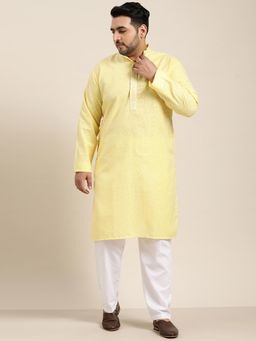 SOJANYA - Men Cotton Yellow Embroidered Kurta With White Churidar Pyjama (Set of 2)