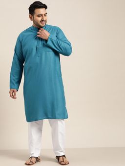 SOJANYA - Men Cotton Peacock Blue Kurta And White Churidar Pyjama (Set of 2)