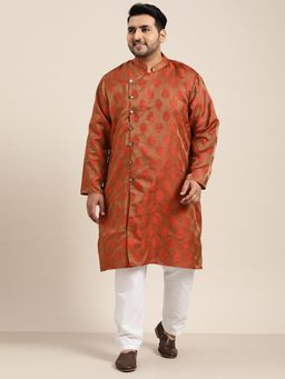 SOJANYA - Men Jacquard Silk Red Kurta And Off-white Churidar Pyjama (Set of 2)