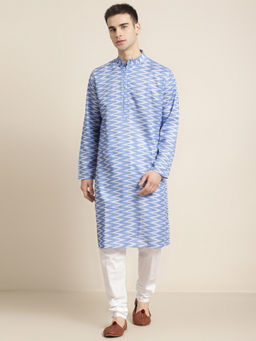 SOJANYA - Mens Cotton Sky Blue Printed Kurta & White Churidar Pyjama (Set of 2)