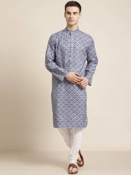SOJANYA - Mens Cotton Grey Printed Kurta & White Churidar Pyjama (Set of 2)