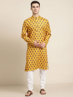 SOJANYA - Mens Cotton Mustard Printed Kurta & White Churidar Pyjama (Set of 2)