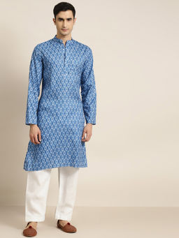 SOJANYA - (Since 1958) Men Cotton Blue Printed Kurta And White Churidar Pyjama (Set of 2)