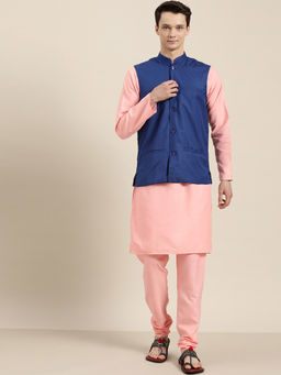 SOJANYA - Cotton Pink Kurta And Pyjama & Royal Blue Nehru jacket (Set of 3)