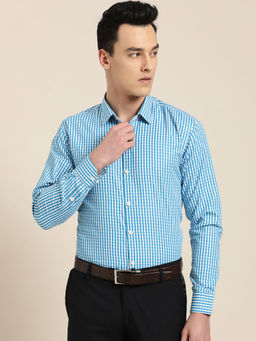 SOJANYA - Men Cotton Blend Teal Blue & White Checked Formal Shirt
