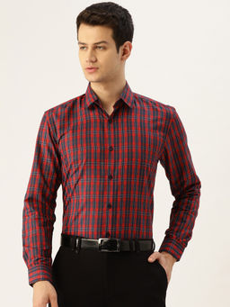 SOJANYA - Mens Cotton Red & Navy Blue Checked Formal Shirt