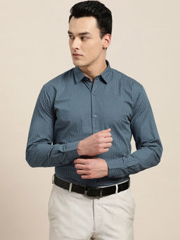 SOJANYA - Mens Cotton Teal Blue & Off White Printed Formal Shirt