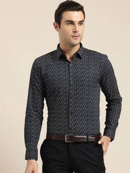 SOJANYA - Mens Cotton Navy Blue & Gold Printed Formal Shirt