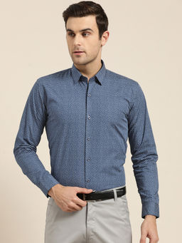 SOJANYA - Mens Cotton Teal Blue & Grey Printed Formal Shirt