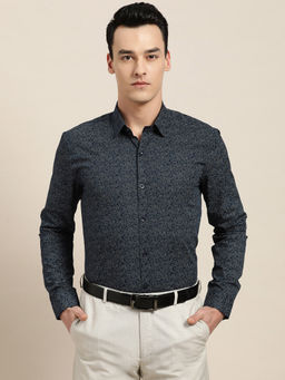 SOJANYA - Mens Cotton Navy Blue & Silver Printed Formal Shirt